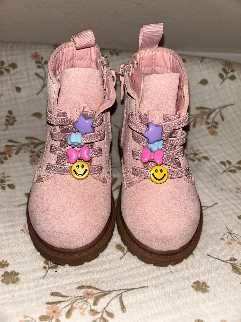 Carter's Pink Kids Lace-Up Ankle Boots with Smiley and Bow Charms